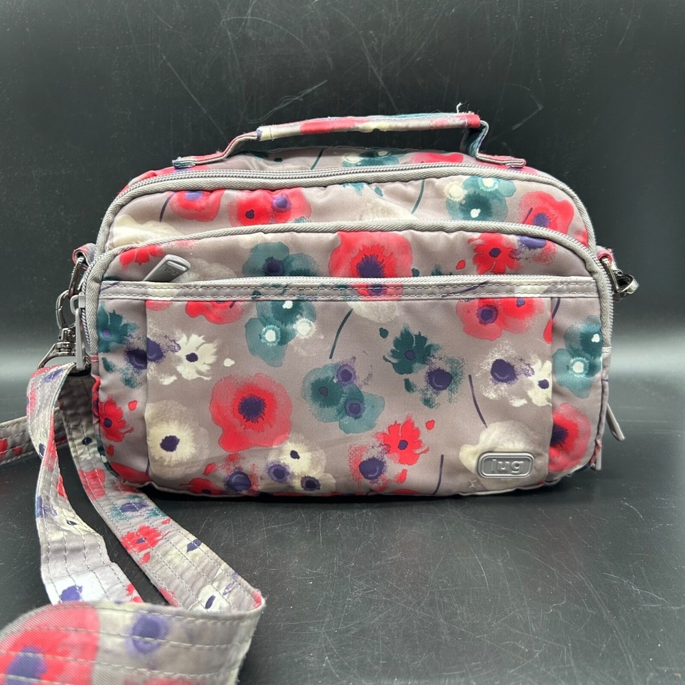 LUG Scoop Crossbody Shoulder Bag Purse Watercolor Grey Pink Teal Flower